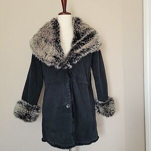 Vtg Wilsons Leather Penny Lane Coat Black Suede Faux Fur Sz XS Y2K Mob Wife Cowl